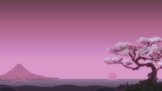 a tree with white flowers in front of a pink sky and mountain range behind it