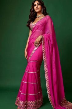 Shop for Gopi Vaid Pink Anupa Pre-draped Saree With Blouse for Women Online at Aza Fashions Gopi Vaid, Mrunal Thakur, Rani Pink, Drape Saree, Embellished Blouse, Stylish Sarees, Saree Look, Pink Saree, Bridal Saree