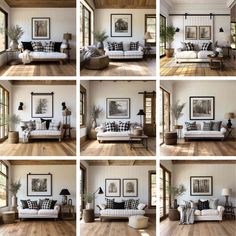 multiple shots of a living room with couches and pictures on the wall above them