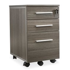 an office file cabinet with three drawers on casteors and wheels, in grey oak finish