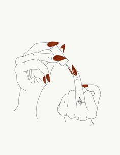 a drawing of a person's hand holding something up to their face with red fish in it