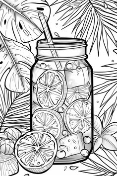 a mason jar filled with lemonade surrounded by tropical plants and leaves coloring book page