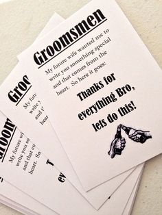 four cards with instructions for groomsmen on them sitting next to eachother