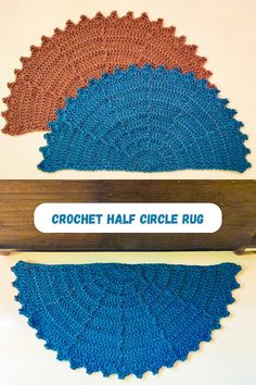 three crochet half circle rugs in different colors on a white surface with the words crochet half circle rug