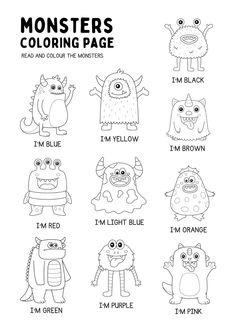 monsters coloring page with the words i'm red, i'm blue and i'm purple