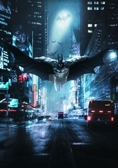 the dark knight rises poster with batman flying over city at night in new york's times square