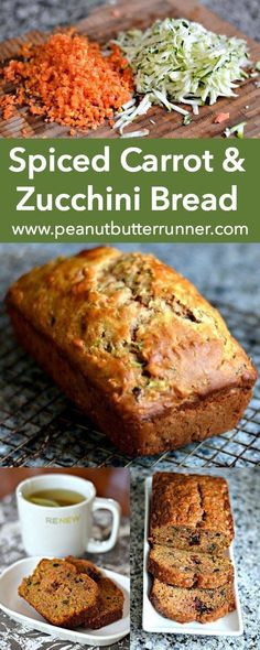 sliced carrot and zucchini bread on a cooling rack next to a cup of tea