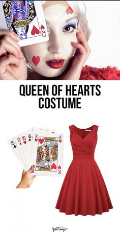 the queen of hearts costume is shown with playing cards and an image of a woman's face