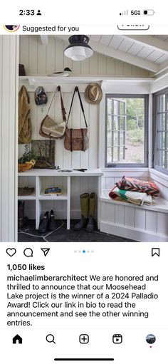 the inside of a room with several hats and purses hanging from hooks on the wall