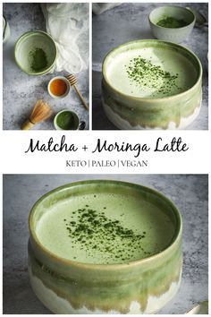 matcha and morning latte recipe in green bowls with spoons on the side