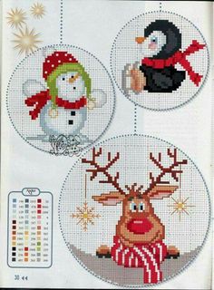 three cross stitch christmas ornaments with snowmen and penguins