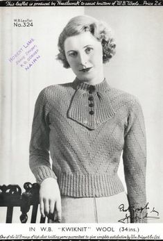 an old black and white photo of a woman wearing a sweater