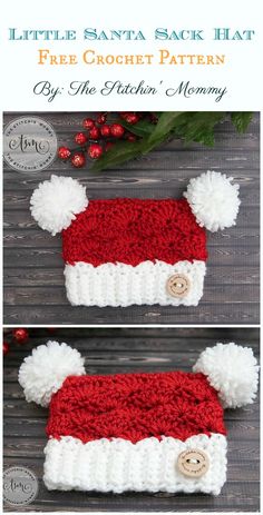 crocheted santa hat with pom - poms and buttons on the side