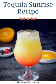 tequila sunrise recipe with oranges and cherries in the background