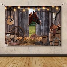 a horse standing in front of a barn door with cowboy hats on it's head