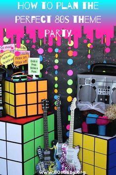 there are many different items on top of each other and the words, how to plan the perfect 80s theme party