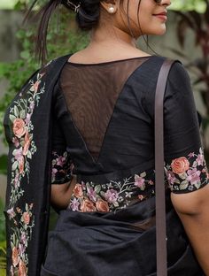 Swathi Designer, Orgenza Saari Work Blouse, Blouse Back Flower Design, Black Blouse Ideas, Sarees For Convocation Ceremony, Black Colour Blouse Designs, Back Designs For Blouse Saree, Stylish Blouse Design Unique, Basic Blouse Designs