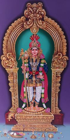 a statue of the hindu god in front of a purple background with gold trimmings