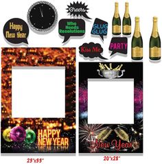 an assortment of new year's eve party items including champagne bottles and photo frames