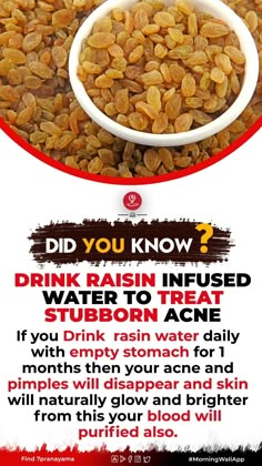 If you Drink  raisin water daily with empty stomach for 1 months then your acne and pimples will disappear and skin will naturally glow and brighter from this your blood will purified also.  7pranayama Infused Water Benefits, Stubborn Acne, Fruit Health Benefits, Health Facts Food, Baking Powder Uses, Natural Skin Care Remedies, Baking Soda Beauty Uses, Brown Spots Removal