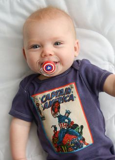 Baby America on a CLEAR AVENT Pacifier - Custom Hand Painted Pacifier on Etsy, $13.50 Marvel Newborn Pictures, Spiderman Pacifier, Avent Pacifier, Marvel Baby Clothes, Avent Bottles, Toddler Pacifier, Nuk Pacifier Newborn, Baby Bug, Future Children