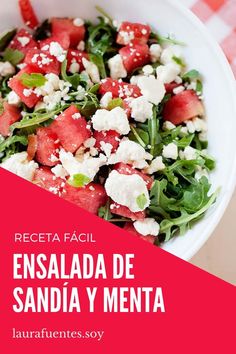 watermelon salad with feta cheese in a white bowl on a checkered tablecloth