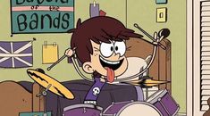 a cartoon character is playing drums in his room