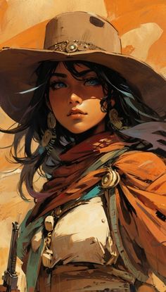 Original anime beautiful indian bengali Western gunslinger main character . Studio ghibli style mixed with Frank Frazetta. Mobius style background. Iconic character design. Dynamic silhouette . Unique features. Make the eyes the focal point. Dystopian sci-fi . Stone cold killer. Brilliant use of color theory and cinematic lighting. Spaghetti western. Sci Fi Gunslinger, Indian Character Art, Western Fantasy Art, Sci Fi Western, Farmer Character Design