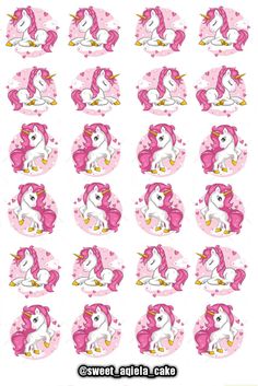 pink and white unicorn stickers with hearts on it's back, all in different positions