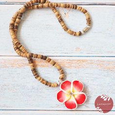 Colorful plumeria flower adorned with a twinkle gem in the center. Hand strung through a beaded necklace of wooden beads. Cute island charm all in a playful necklace. Wooden beads Hand formed plumeria flower Barrel fastener Hand-made, each unique Pendant: ~ 1 1/2" Length: ~ 17" Bohemian Beach Flower Necklace With Round Beads, Bohemian Flower Necklace With Round Beads For Beach, Adjustable Flower Pendant Necklace For Beach, Handmade Flower Pendant Necklace For Beach, Beach Flower Pendant Necklace, Hawaiian Necklace, Red Pendant, Red Pendants, Unique Pendant