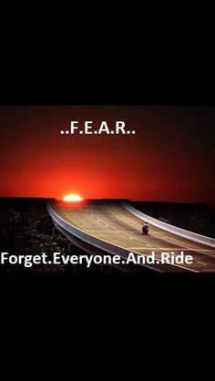 two pictures with the words f e a r and an image of a highway at sunset