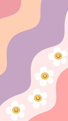 an abstract background with flowers and smiley faces on the side, in pastel colors