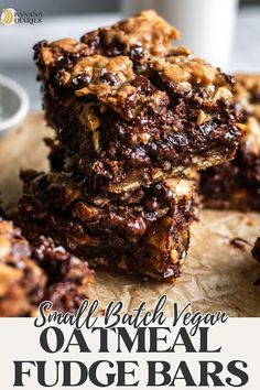 small batch vegan oatmeal fudge bars stacked on top of each other