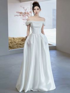 Off shoulder bridal dress, simple atmospheric wedding dress, A-line Satin Evening Dress For Wedding, Satin A-line Evening Dress For Wedding, A-line Satin Wedding Gown, Satin Wedding Dress With Sweep Train For Banquet, Wedding Evening Dress With Satin Finish For Prom Season, A-line Satin Bridesmaid Dress For Wedding, Satin Finish Ball Gown Wedding Dresses, Floor-length Satin Wedding Dress For Banquet, Satin Wedding Dress With Sweep Train For Debutante Ball