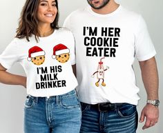 Are you looking for a funny Christmas shirt set for couples? This beautiful t-shirt set, with a trendy design, is meant to bring some fun into your life every time you will wear these tees, on Christmas eve and beyond. If you know a couple who would love to wear these trendy matching shirts for Christmas, this would make a great gift for them.  Check out more unique and funny designs in our shop, including more matching couple shirts: https://www.etsy.com/shop/AllTheHappyDesigns/ PRODUCT DETAILS AND SIZING Unisex T-Shirt. Please see the last pictures for measurements. Light fabric (4.2 oz/yd² (142 g/m Retail fit Tear away label Runs true to size, but it has a more relaxed fit. If you want a tight fitted look you should consider sizing down or if you'd like a larger look (similar to a dress Diy Christmas Shirts, Christmas Shirts Funny, Shirts For Couples, Matching Christmas Shirts, Couples Christmas, Funny Christmas Tshirts, Matching Couple Shirts, Couple Tshirts, Funny Christmas Shirts