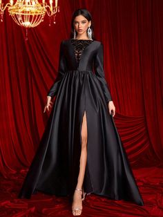 Elegant Black Satin Collar Flocked Mesh Splice Long Sleeve High Waist Flared Skirt Side High Slit Formal Evening Gown, Prom Dress, For Wedding Guest, Graduation, Dinner Black Elegant  Long Sleeve Woven Fabric Colorblock A Line Non-Stretch  Weddings & Events, size features are:Bust: ,Length: ,Sleeve Length: Evening Gown Black, Long Sleeve Ball Gowns, Formal Evening Gown, Satin Noir, Gown Black, Evening Gowns Elegant, Women Formals, Evening Gowns Formal, Flared Skirt