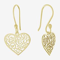 Simple and sleek best describes these Silver Treasures 14K gold over silver heart drop earrings. Drop earrings are crafted in 14K gold over silver, feature a beautiful filigree design, 27.6mm in length and have a French wire backing. With the simple design, these earrings can be worn with any wardrobe choice. Wipe drop earrings clean with a soft cloth.Included: 1 Pair of EarringsFeatures: Nickel FreeEarring Back: WireShape: HeartMetal Color: YellowEarring Length: 27.6mmEarring Width: 14.2mmCare: Classic Gold Open Heart Earrings, Gold Sterling Silver Earrings With Heart Charm, Yellow Gold Heart Drop Earrings, Elegant Hypoallergenic Heart Pendant Earrings, Gold Double Heart Sterling Silver Earrings, Yellow Gold Heart Earrings In Sterling Silver, Gold Sterling Silver Hypoallergenic Heart Earrings, Elegant 14k Gold Heart Pendant Earrings, Gold Open Heart Pierced Earrings