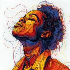 a drawing of a woman's face with colorful lines coming out of her hair