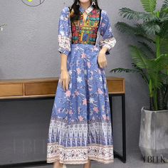 Lovely travel dress with vibrant Indian-inspired prints Indian Dresses For Women, Loungewear Dress, Indian Inspired, Travel Dress, Indian Embroidery, Women Long Dresses, Lantern Sleeve, Inspired Dress, Types Of Skirts