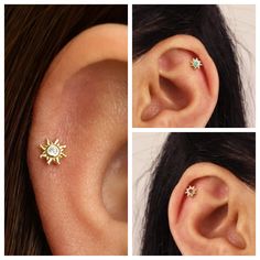 three different views of a woman's ear with two small stars on the side