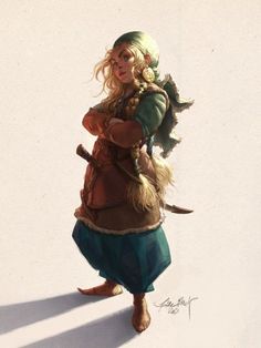 a drawing of a woman with long blonde hair and green dress holding a bird in her hand