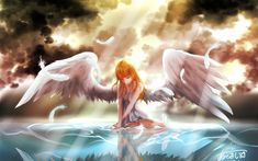 an angel sitting on top of a body of water with wings flying above her head