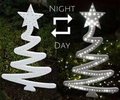 two white christmas trees with lights on them and the words night e day written below