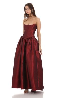 Strapless Corset Gown in Deep Red | LUCY IN THE SKY Deep Red Bridesmaid Dresses, Red Corset Dress, Deep Red Dress, Season Outfits, Dark Red Dresses, Corset Gown, Hilarious Pictures, Not Funny, Classy Prom Dresses