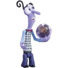 a cartoon character holding a round object in one hand and an eyeball in the other