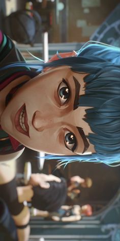 an animated woman with blue hair and black eyes looking up at something in the distance