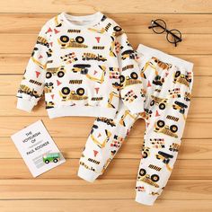 Boys Cartoon Car Printed Pajamas Suits Boys Casual Suits - PrettyKid Cute White Sets For Fall, White Loungewear Set For Fall, White Sets For Loungewear In Fall, White Fall Loungewear Sets, White Cartoon Print Sets For Fall, White Cartoon Print Sets For Playtime, White Cartoon Print Winter Sets, White Cartoon Print Playtime Sets, White Cartoon Print Sets For Winter