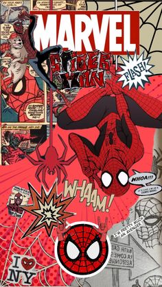 an image of a spider man collaged in red and black with the words, marvel