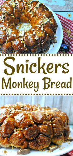 a monkey bread is on a plate with the words, snickkers monkey bread