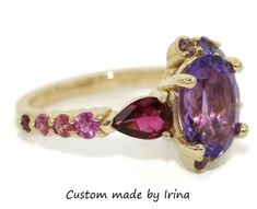 This Breathtaking One-of-a-kind ring Features a 2.6 carat 10 mm by 8 mm Amethyst. Flanked by Pink Sapphires, Blue Sapphire, Blue-Green Sapphires, Lavender-Purple Sapphire, Red Sapphire, Deep Pink Sapphires, Ruby, Yellow Citrine, Rubellite pear shape Tourmaline. All stones are 100% Natural and Ethically Sourced. Set in 14k Yellow Gold. Can be custom made in any gold color (pink, yellow or white). Choosing OOAK (one-of-a-kind) ring makes you the owner of something that nobody else has. A little wi Multicolor Amethyst Rings With Accent Stones, Multicolor Oval Amethyst Ring With Accent Stones, Multicolor Amethyst Rings For Anniversary, Multicolor Oval Amethyst Ring, Anniversary Multicolor Amethyst Ring With Accent Stones, Oval Multi-stone Amethyst Ring Gift, Colorful Ring, Crescent Ring, Red Sapphire